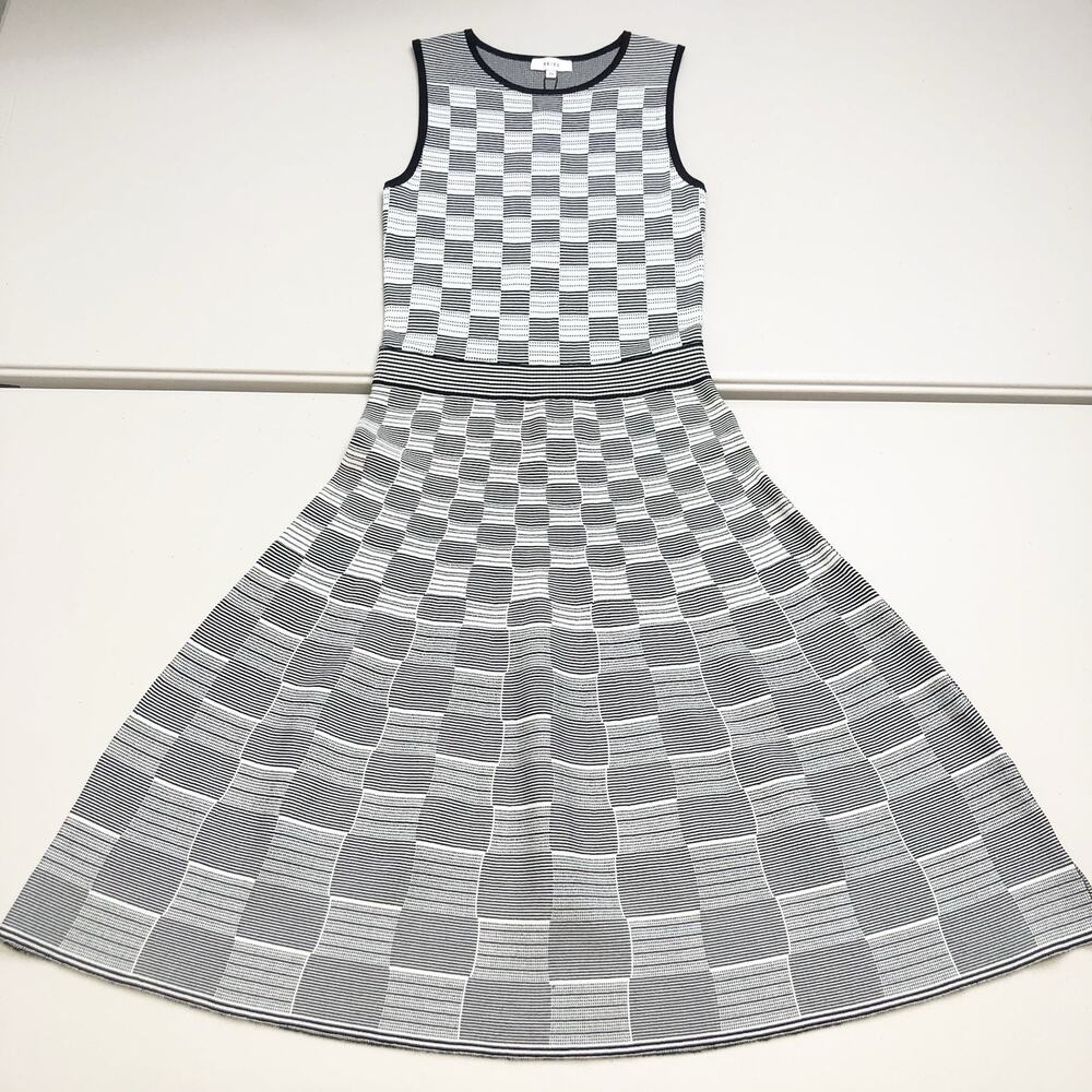 REISS Cassie Jacquard Day Dress Sleeveless Fit Flare Navy White Round Neck Sz XS
